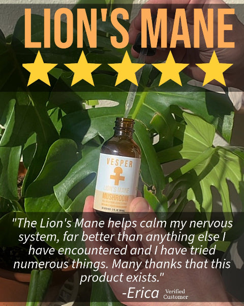 Hand holding a bottle of Vesper Lion's Mane mushroom supplement with five-star rating and customer review text against a leafy green background.