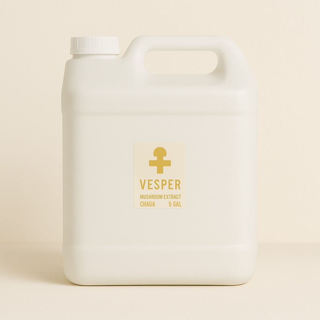 White container with 'Vesper' label on a beige background  Chaga Bulk_Mushroom_extract_chaga_5_gallons