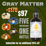 Vesper Gray Matter mushroom product with pricing and promotional text on a green background 5 mushroom complex