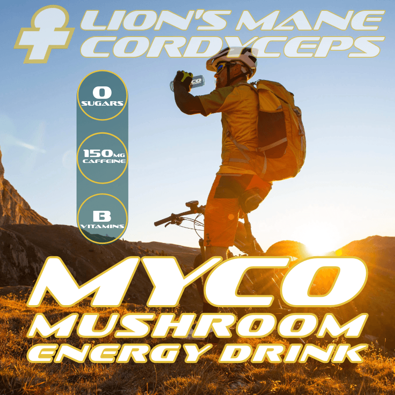 Myco mushrooms energy drink action shot, b-vitamins, l Theanine
