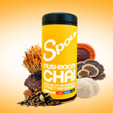 Mushroom Chai, Spour powder, mushroom extract blend photo with reishi, chaga, lion's mane, turkey tail, cordyceps mushroom coffee