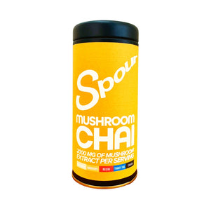 Mushroom Chai, Spour powder, mushroom extract blend photo with reishi, chaga, lion's mane, turkey tail, cordyceps mushroom coffee