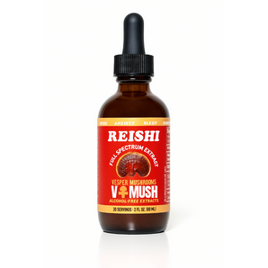 Bottle of V+Mush Reishi full spectrum extract on a white background