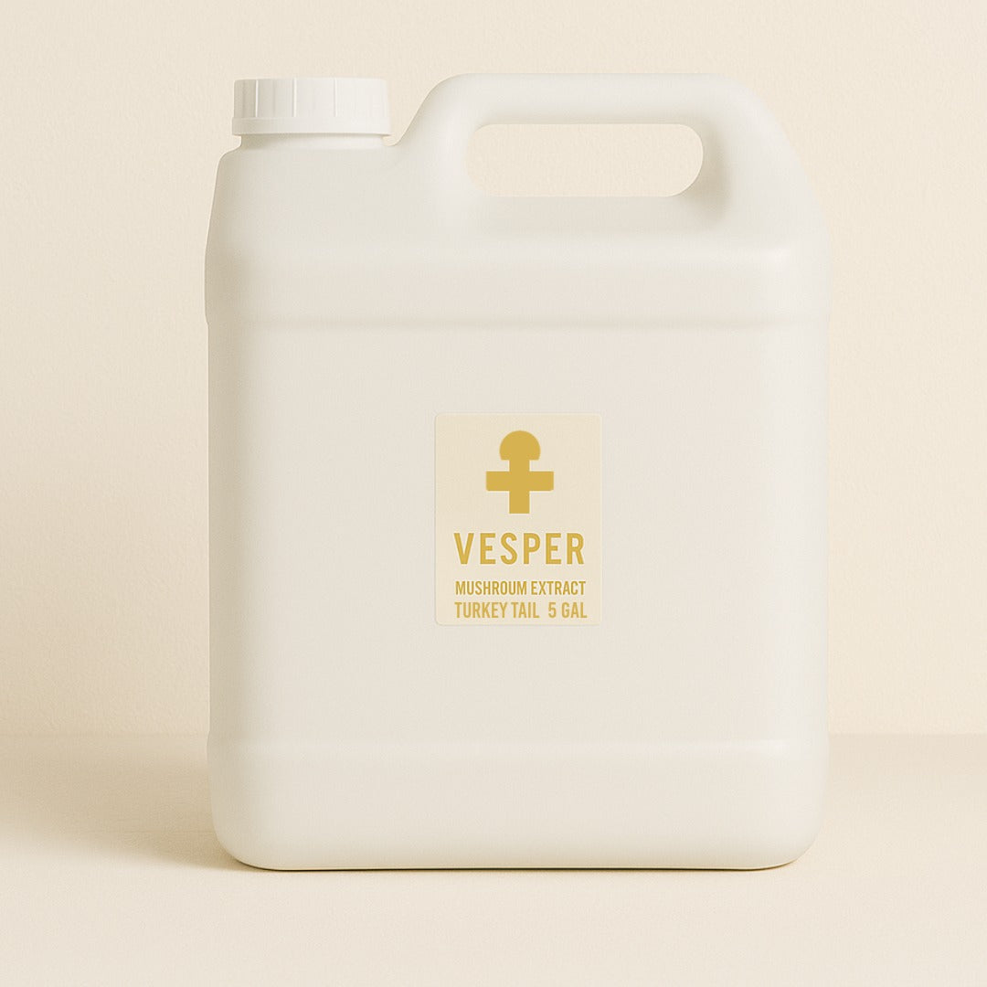 White container of Vesper mushroom extract on a beige background Turkey tail Bulk_Mushroom_extract_turkey_tail_5_gallon