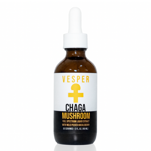 vesper chaga liquid mushroom extract tincture, 2 oz bottle add to beverage, mushroom coffee, chagaccino 