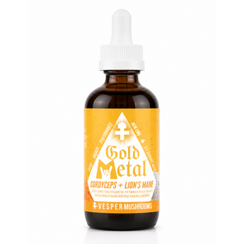 An amber glass dropper bottle of Gold Metal Cordyceps + Lion's Mane + Vesper Mushrooms liquid supplement, featuring a bright yellow label and white dropper cap on a white background.