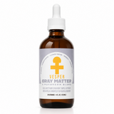 An amber glass dropper bottle of Vesper Gray Matter 5 Mushroom Blend with a white dropper cap and a gray label featuring a yellow cross and orange text, on a white background.