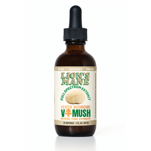 Bottle of V+Mush Lions Mane mushroom extract on a white background