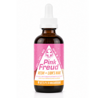 A 10 mL amber glass dropper bottle of Vesper Mushrooms 'Pink Freud' Reishi + Lion's Mane liquid mushroom extract, featuring a pink and white label with a male symbol, on a white background.