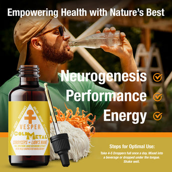 gold metal, cordyceps and lion's mane, functional fungi, liquid mushrooms for focus, mushrooms for energy