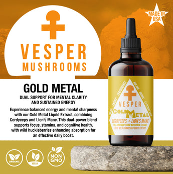 gold metal, mental clarity, cordyceps and lion's mane, functional fungi, liquid mushrooms for focus, mushrooms for energy