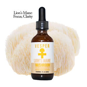 Lion's Mane Bottle from Vesper Mushrooms with Lion's mane fruit body in the background- Focus - Liquid Double Extract W - VESPER MUSHROOMS