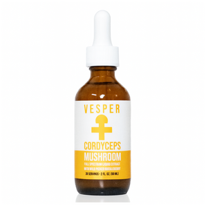 Vesper Cordyceps Mushroom liquid supplement in an amber glass dropper bottle with a white and yellow label, on a white background.