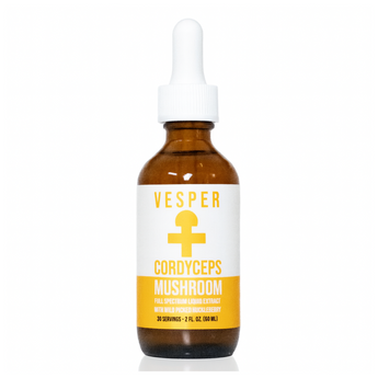 Vesper Cordyceps Mushroom liquid supplement in an amber glass dropper bottle with a white and yellow label, on a white background.