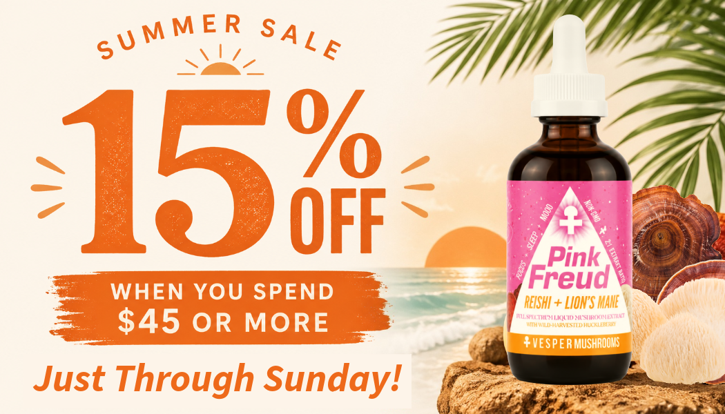Promotional sale graphic for a Pink Freud resin and lion's mane tincture bottle. The amber dropper bottle is shown on a beach-themed background with palm leaves, shells, and a sunset, alongside large orange text reading '15% OFF' and 'SUMMER SALE'.